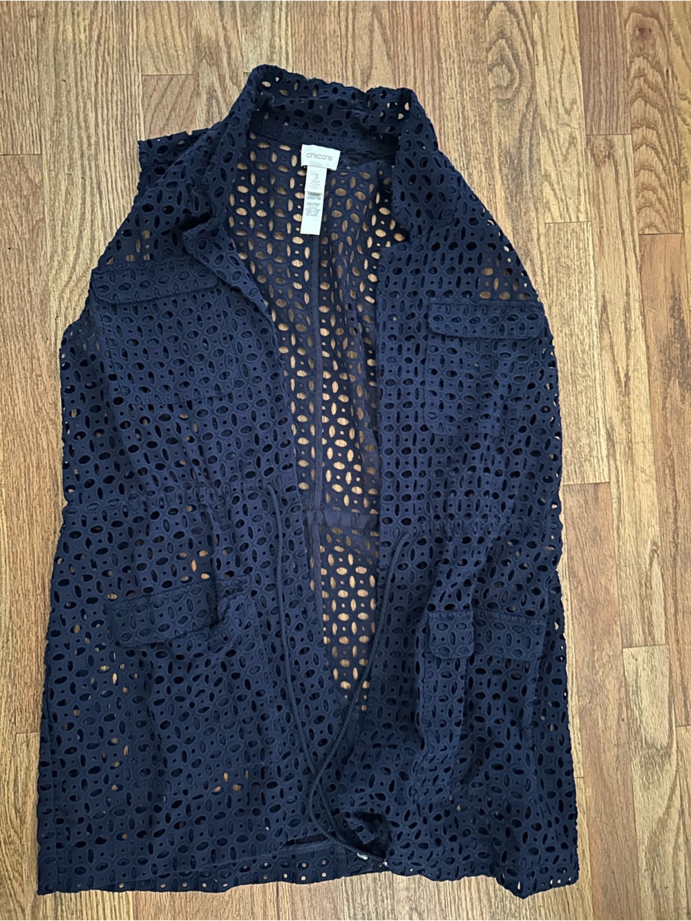 Chico's Navy Eyelet Open-Front Sleeveless Cardigan Vest with drawstring